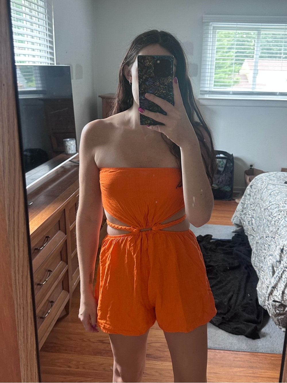 Orange Strapless Cutout Romper